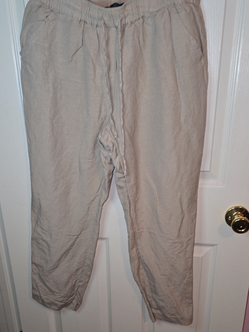 Grace Elements Cropped Elastic Waist Beige‎ Linen Lined  Pants